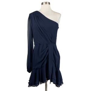 Betsy & Adam One Shoulder Mini Fit and Flare Cocktail Dress Blue Chiffon Size 8